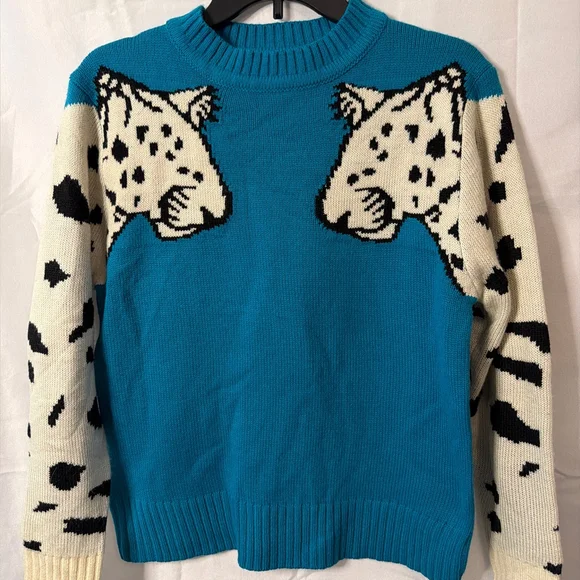 Knit Snow Leopard Sleeve Women’s Turquoise Crewneck Sweater Size M Retro Vibe - Picture 1 of 5